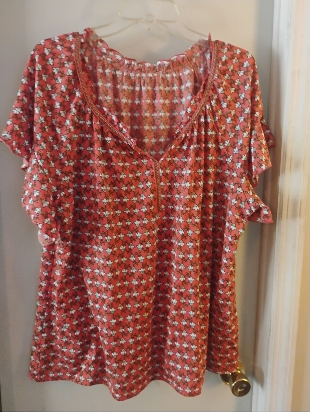 Women's Coral Floral Print Blouse with Ruffle Sleeves